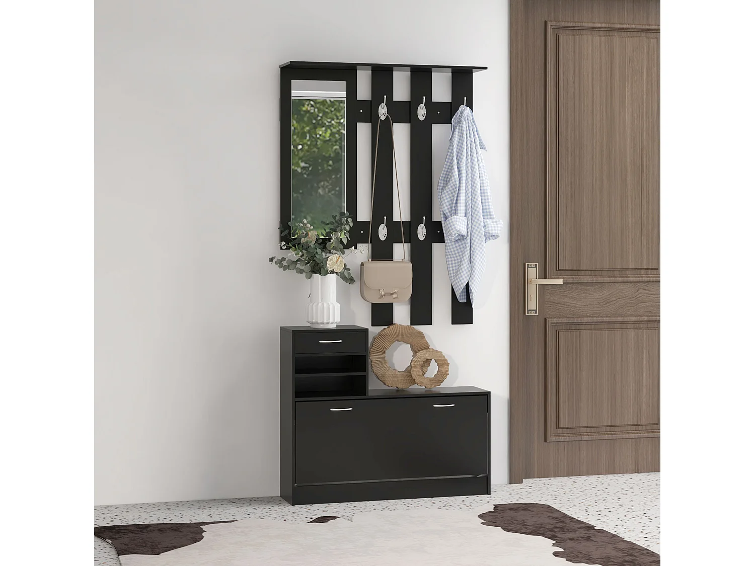Ensemble de meubles d'entrée design contemporain : meuble chaussures, miroir et panneau porte-manteau panneaux de particules noir
