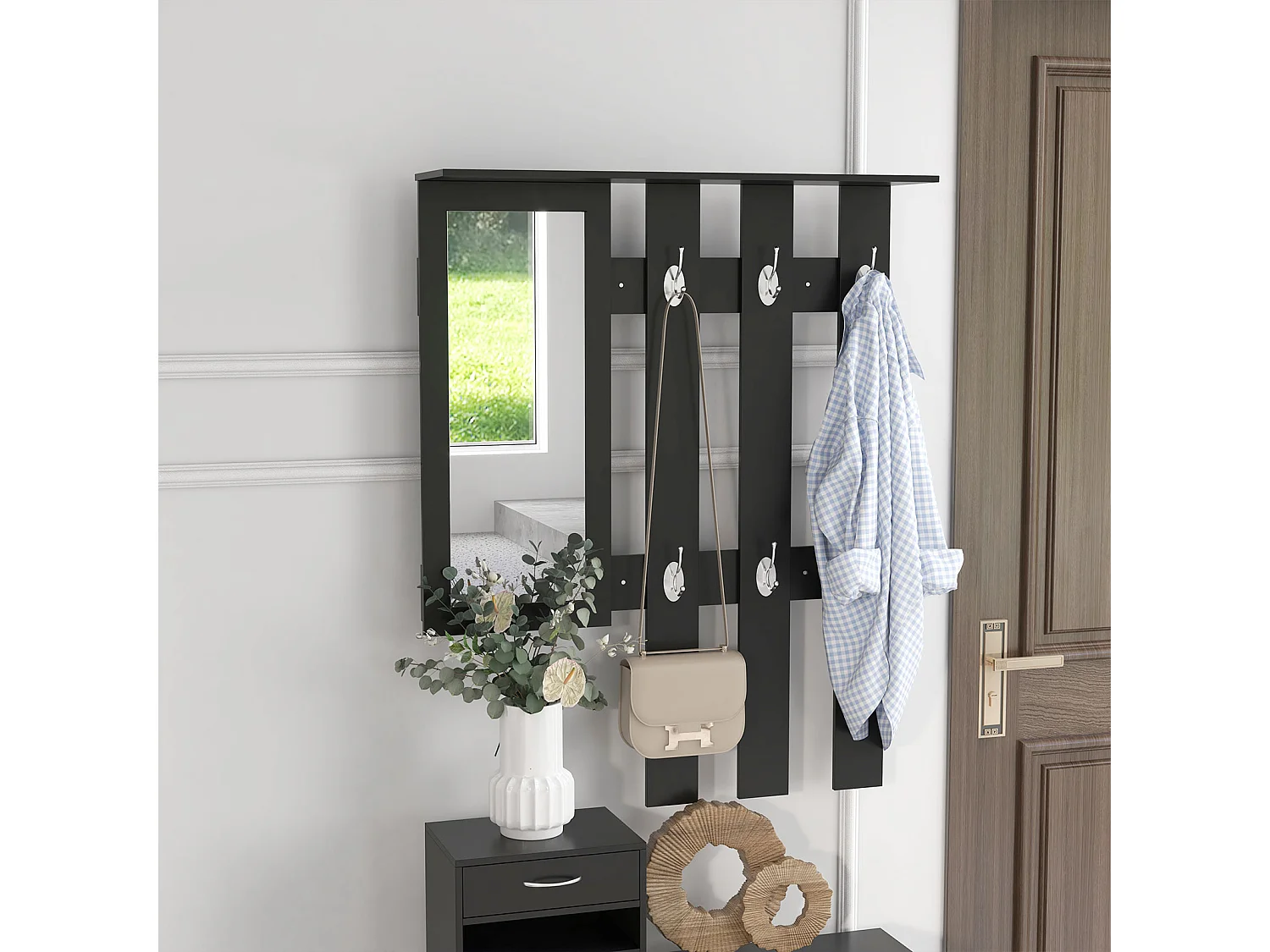 Ensemble de meubles d'entrée design contemporain : meuble chaussures, miroir et panneau porte-manteau panneaux de particules noir