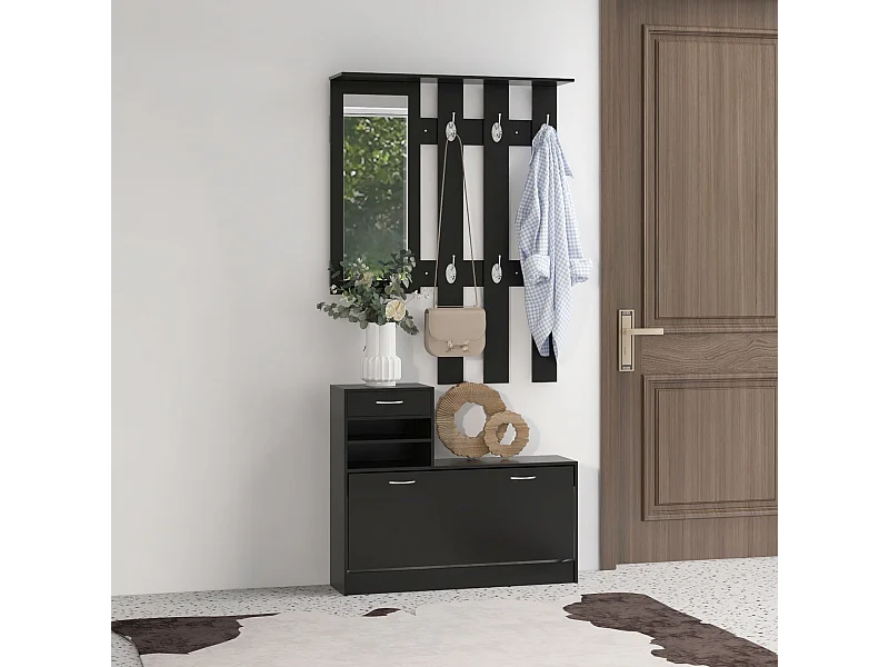 Ensemble de meubles d'entrée design contemporain : meuble chaussures, miroir et panneau porte-manteau panneaux de particules noir
