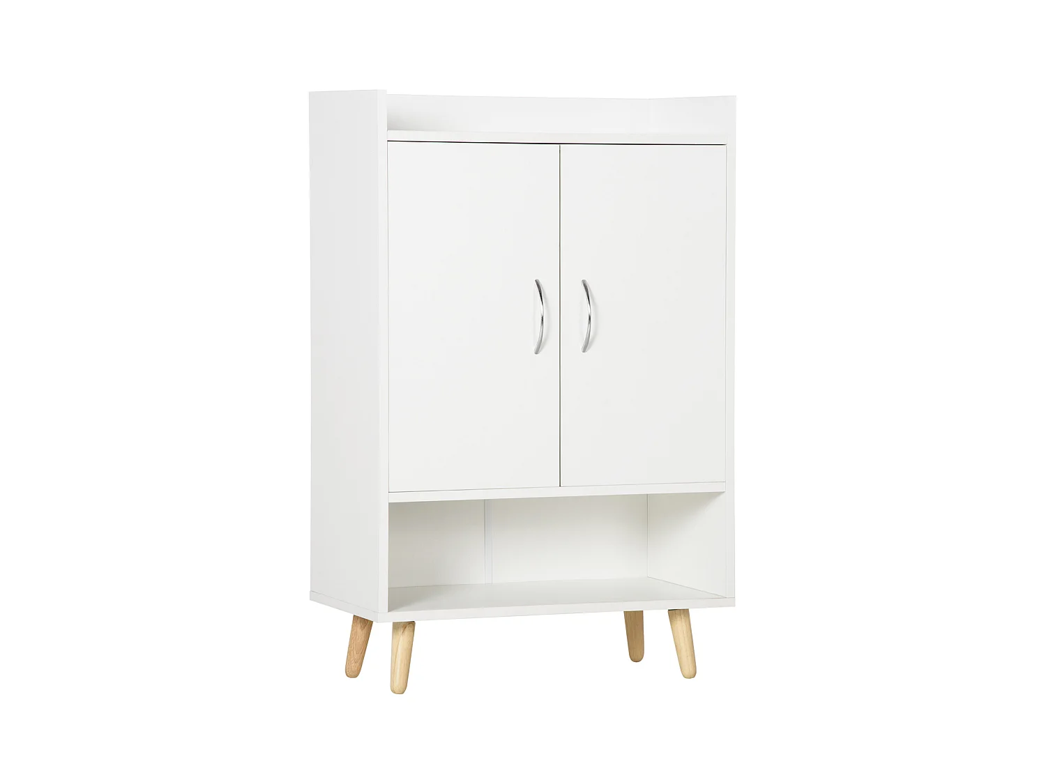 Meuble à chaussures scandinave placard 2 portes 4 étagères pieds effilés inclinés bois panneaux particules blanc