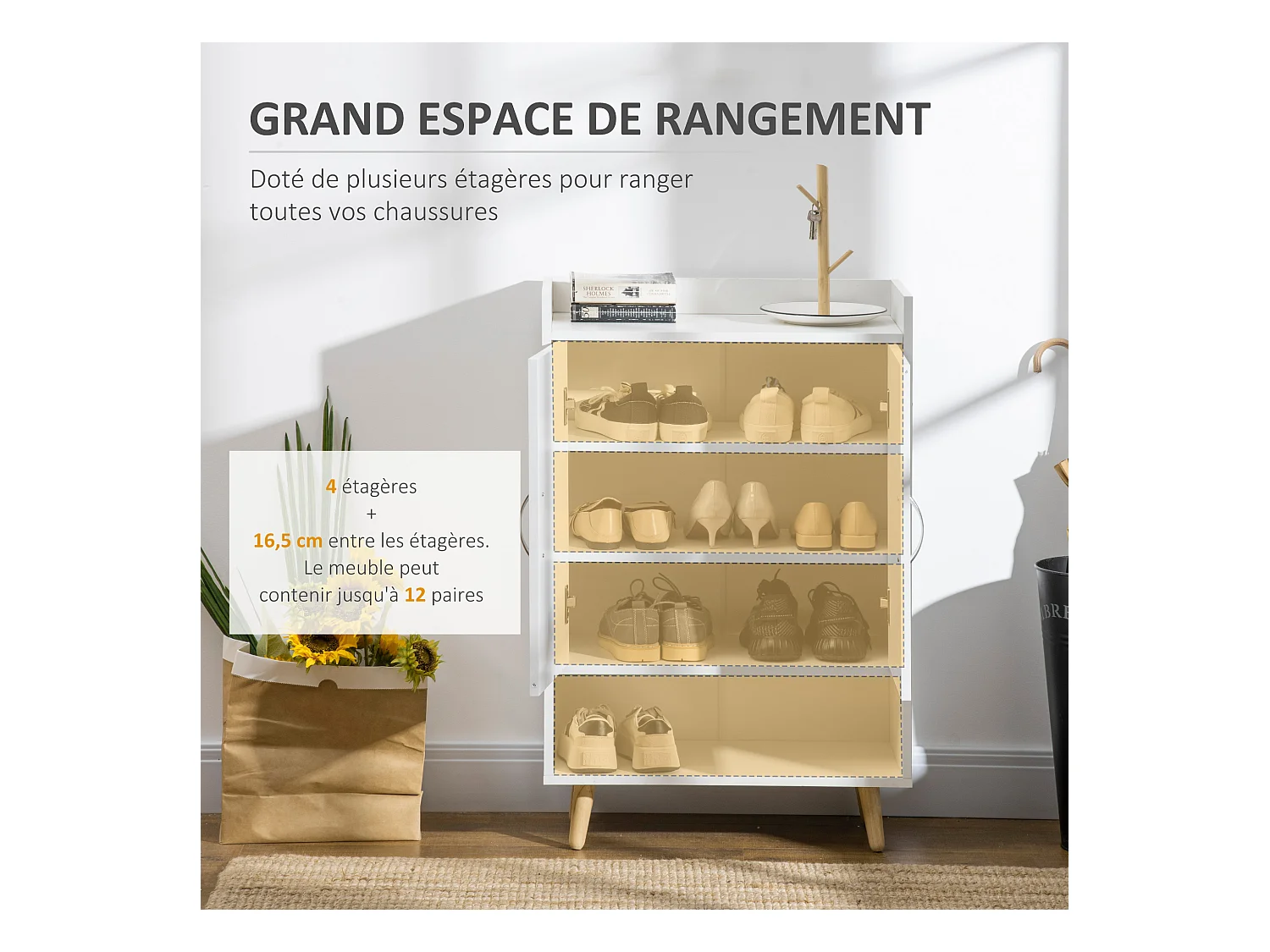 Meuble à chaussures scandinave placard 2 portes 4 étagères pieds effilés inclinés bois panneaux particules blanc