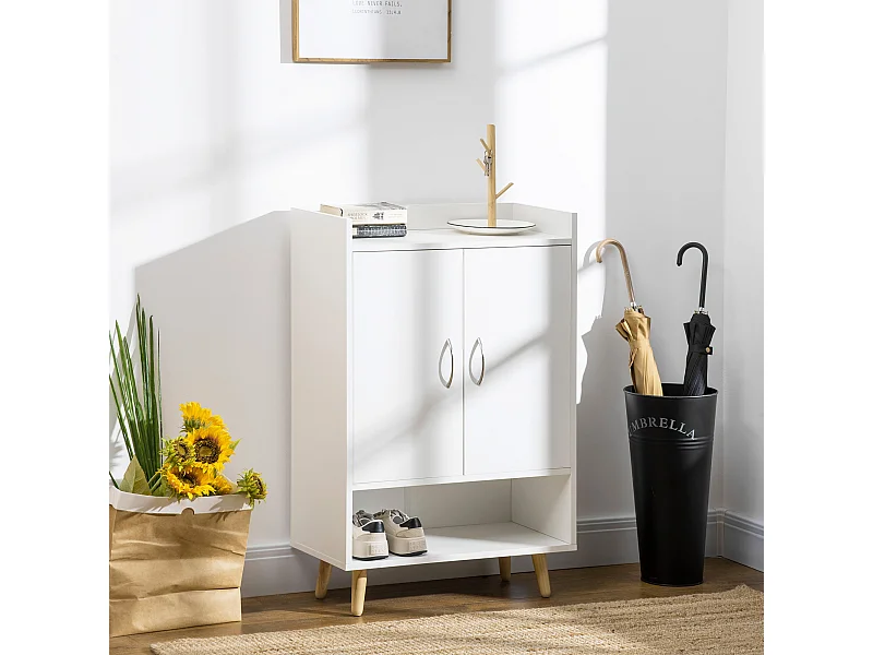 Meuble à chaussures scandinave placard 2 portes 4 étagères pieds effilés inclinés bois panneaux particules blanc