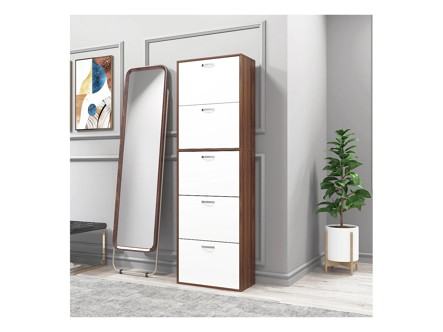 Armoire à chaussures meuble à chaussures design contemporain 5 portes abattantes bicolore blanc marron foncé imitation bois