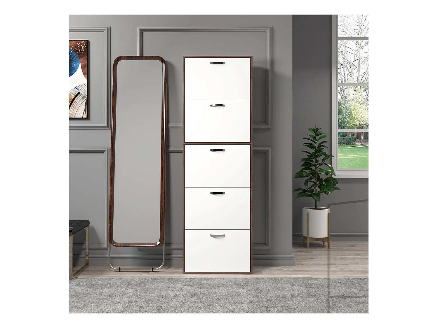 Armoire à chaussures meuble à chaussures design contemporain 5 portes abattantes bicolore blanc marron foncé imitation bois