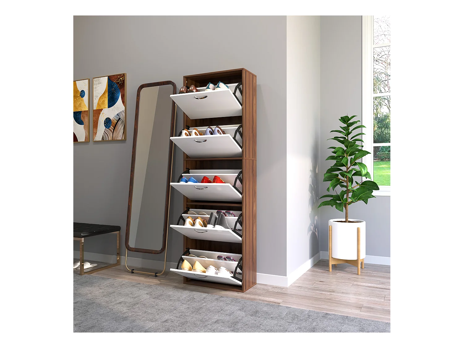 Armoire à chaussures meuble à chaussures design contemporain 5 portes abattantes bicolore blanc marron foncé imitation bois