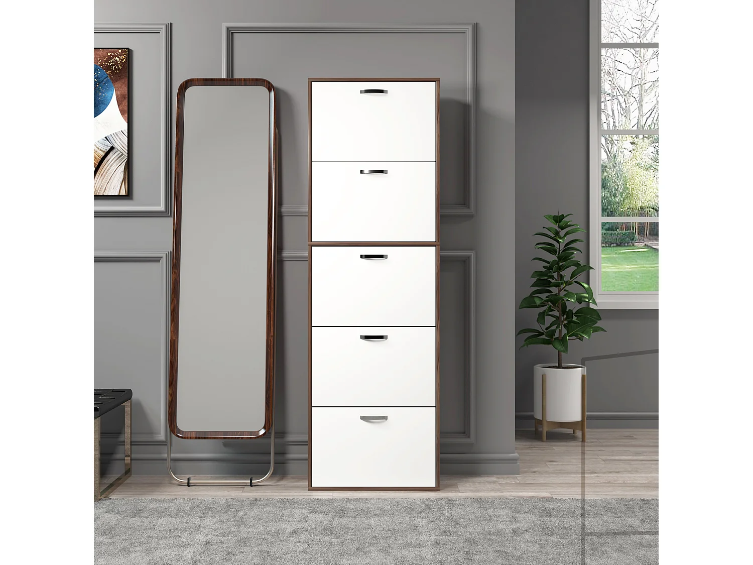 Armoire à chaussures meuble à chaussures design contemporain 5 portes abattantes bicolore blanc marron foncé imitation bois