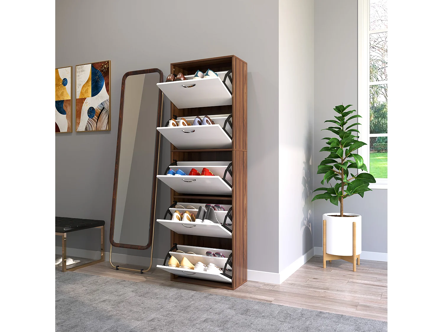 Armoire à chaussures meuble à chaussures design contemporain 5 portes abattantes bicolore blanc marron foncé imitation bois