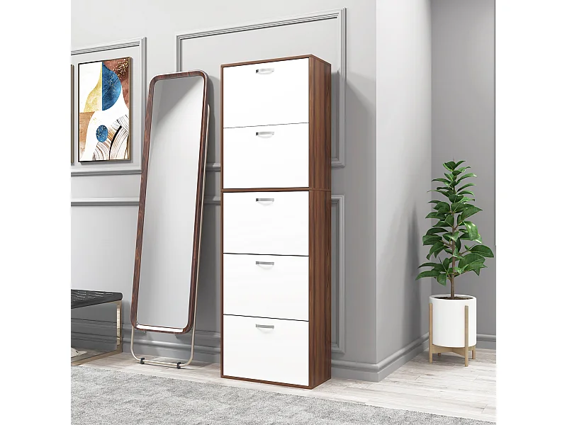 Armoire à chaussures meuble à chaussures design contemporain 5 portes abattantes bicolore blanc marron foncé imitation bois