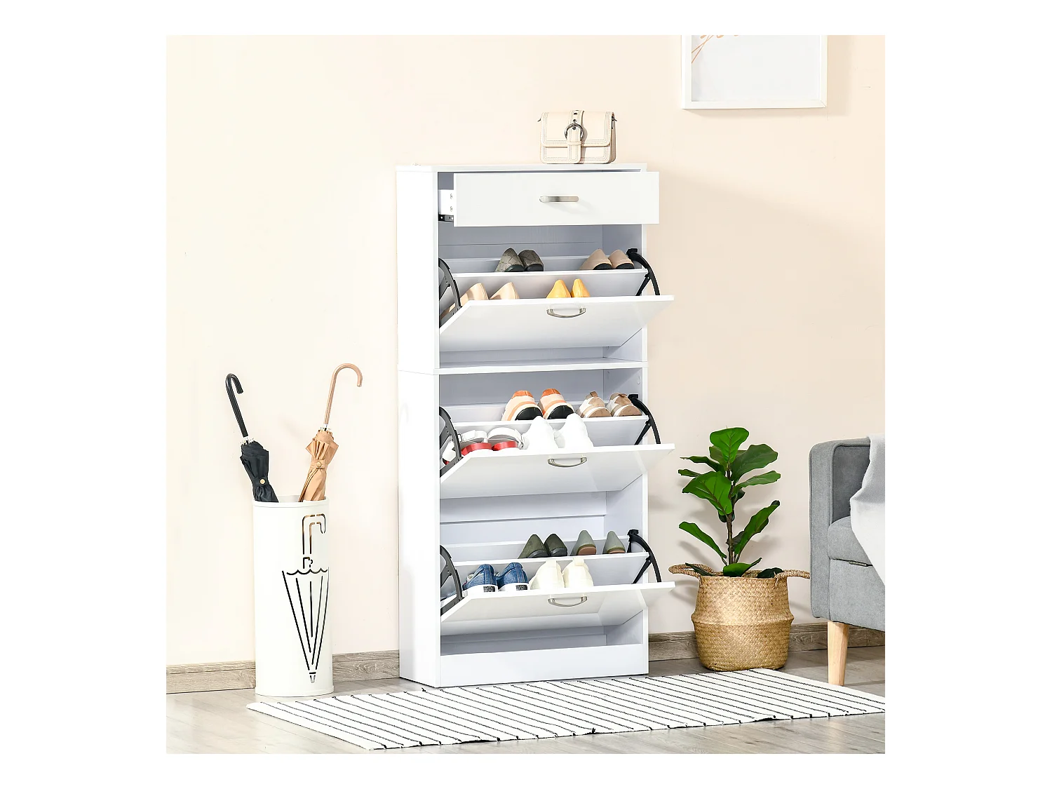 Meuble à chaussures - 3 portes abattantes et tiroir coulissant - dim. 62L x 24l x 135H cm - poignées alu. panneaux particules blanc