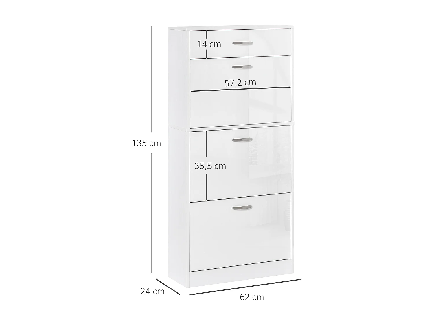 Meuble à chaussures - 3 portes abattantes et tiroir coulissant - dim. 62L x 24l x 135H cm - poignées alu. panneaux particules blanc
