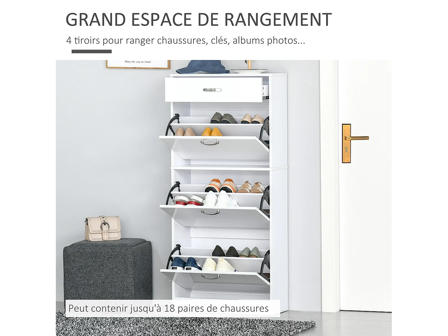 Meuble à chaussures - 3 portes abattantes et tiroir coulissant - dim. 62L x 24l x 135H cm - poignées alu. panneaux particules blanc