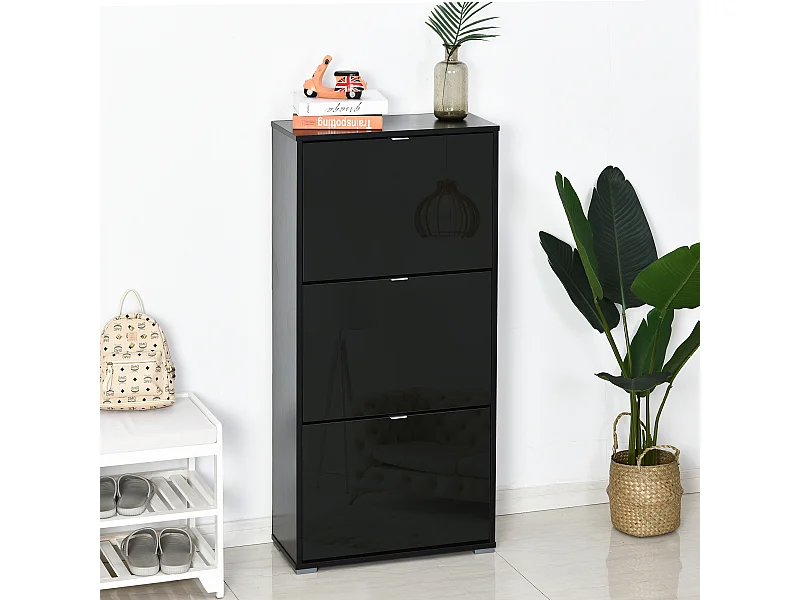 Meuble à chaussures 3 portes abattantes 3 compartiments MDF noir laqué