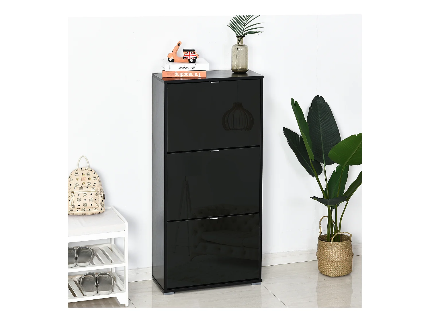 Meuble à chaussures 3 portes abattantes 3 compartiments MDF noir laqué