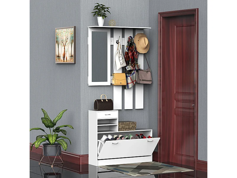 Ensemble de meubles d'entrée design contemporain : meuble chaussures, miroir et panneau porte-manteau panneaux de particules blanc