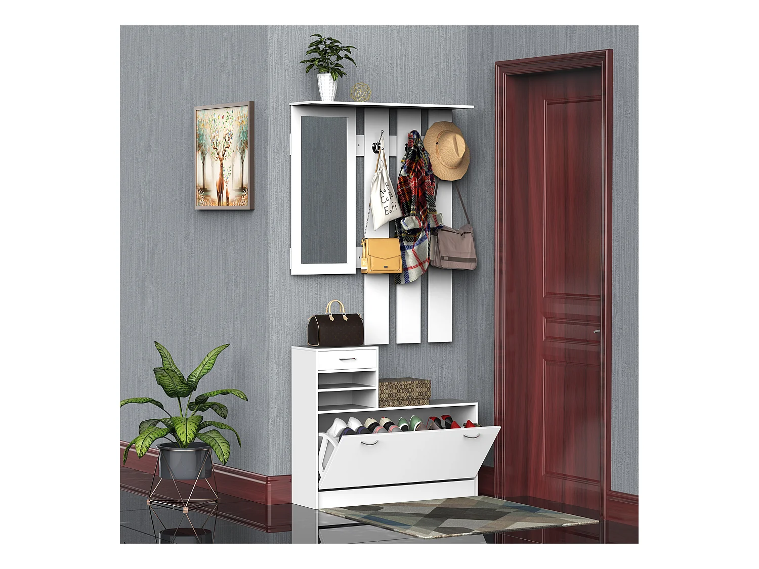 Ensemble de meubles d'entrée design contemporain : meuble chaussures, miroir et panneau porte-manteau panneaux de particules blanc