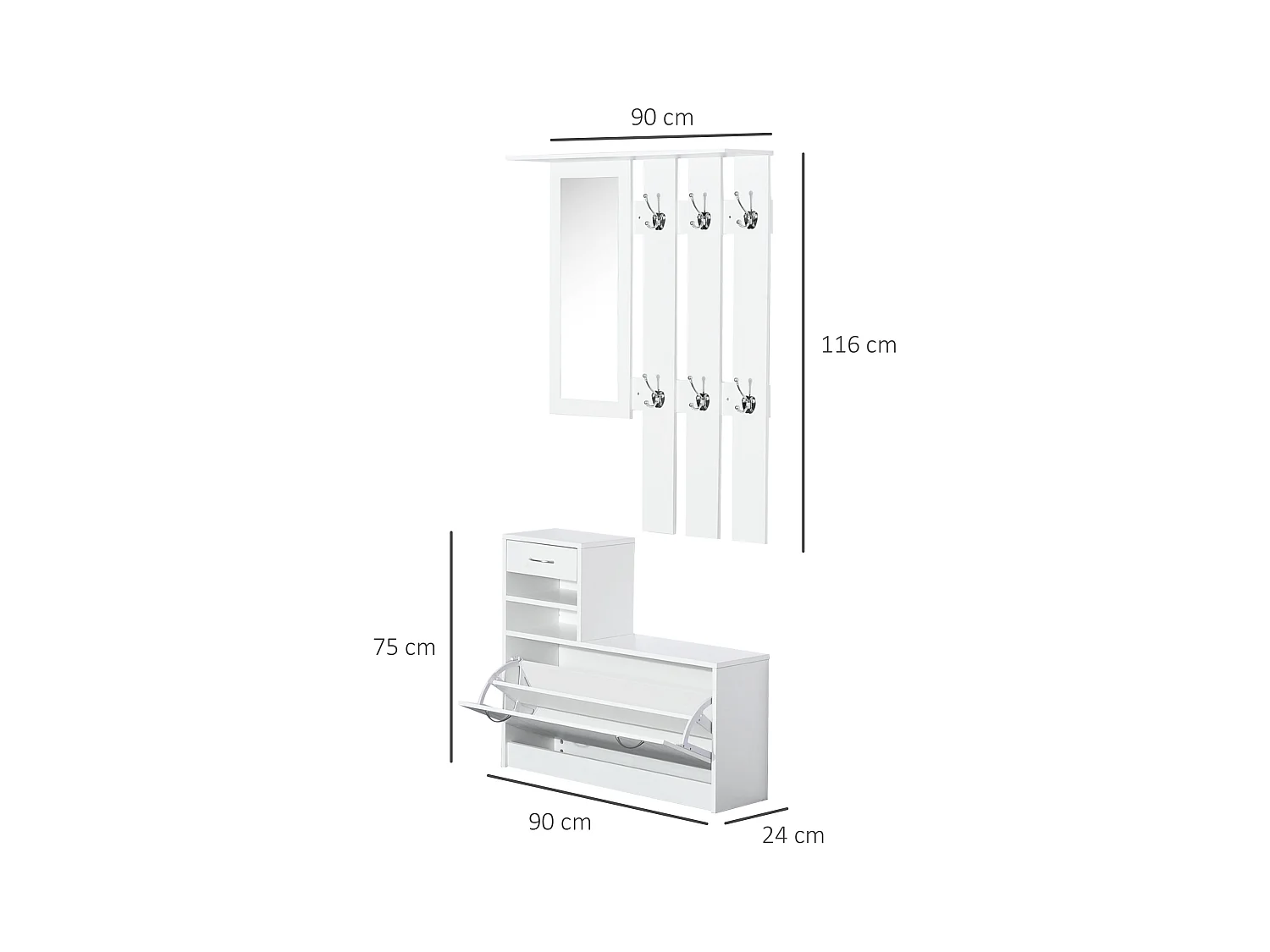 Ensemble de meubles d'entrée design contemporain : meuble chaussures, miroir et panneau porte-manteau panneaux de particules blanc