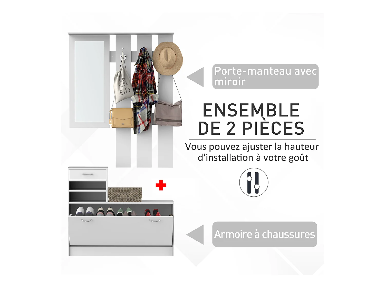 Ensemble de meubles d'entrée design contemporain : meuble chaussures, miroir et panneau porte-manteau panneaux de particules blanc