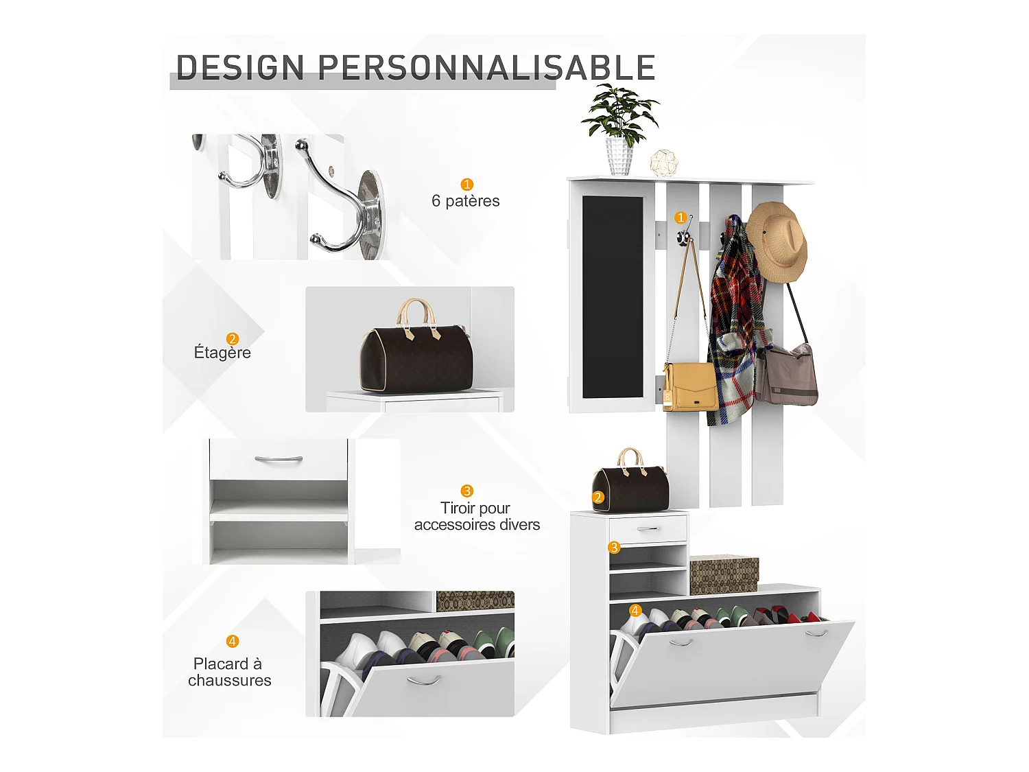 Ensemble de meubles d'entrée design contemporain : meuble chaussures, miroir et panneau porte-manteau panneaux de particules blanc