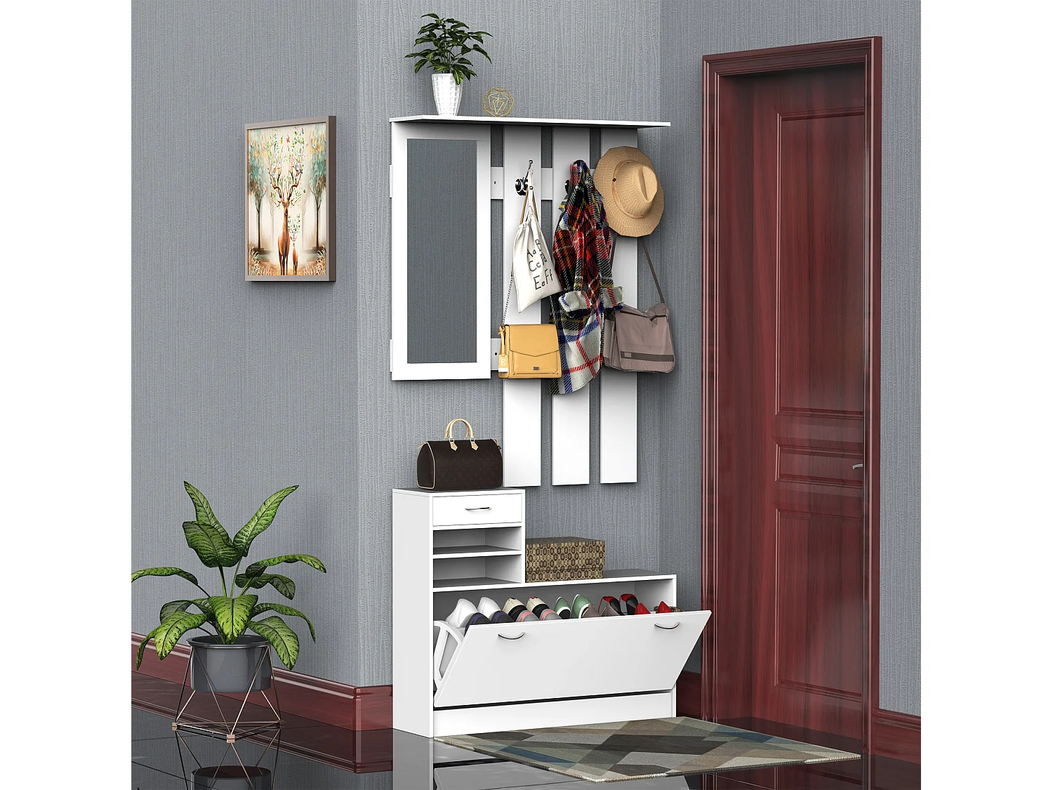 Ensemble de meubles d'entrée design contemporain : meuble chaussures, miroir et panneau porte-manteau panneaux de particules blanc