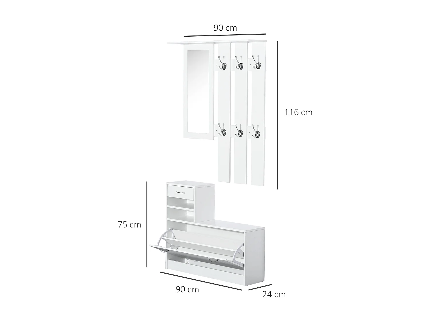 Ensemble de meubles d'entrée design contemporain : meuble chaussures, miroir et panneau porte-manteau panneaux de particules blanc