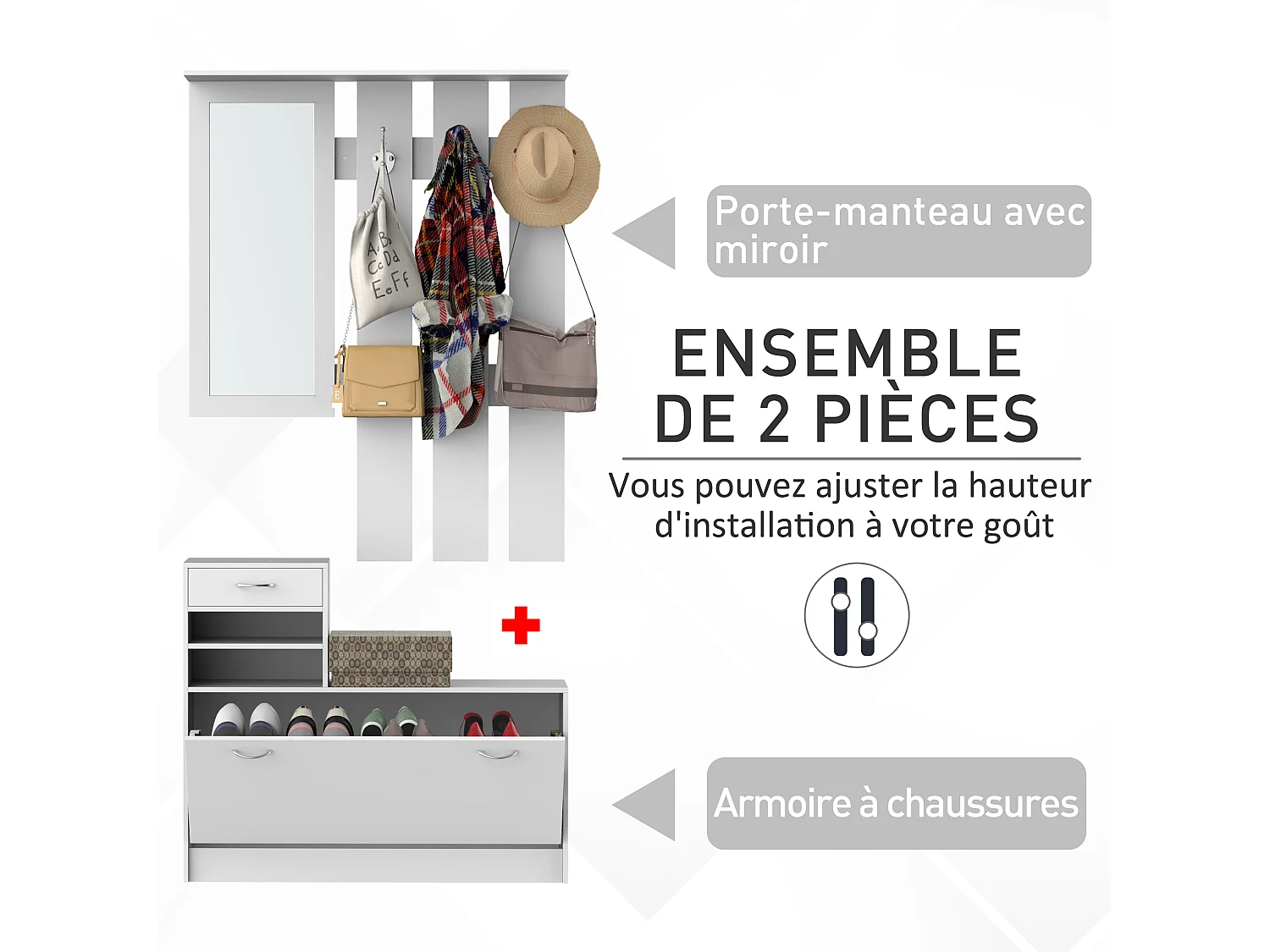Ensemble de meubles d'entrée design contemporain : meuble chaussures, miroir et panneau porte-manteau panneaux de particules blanc