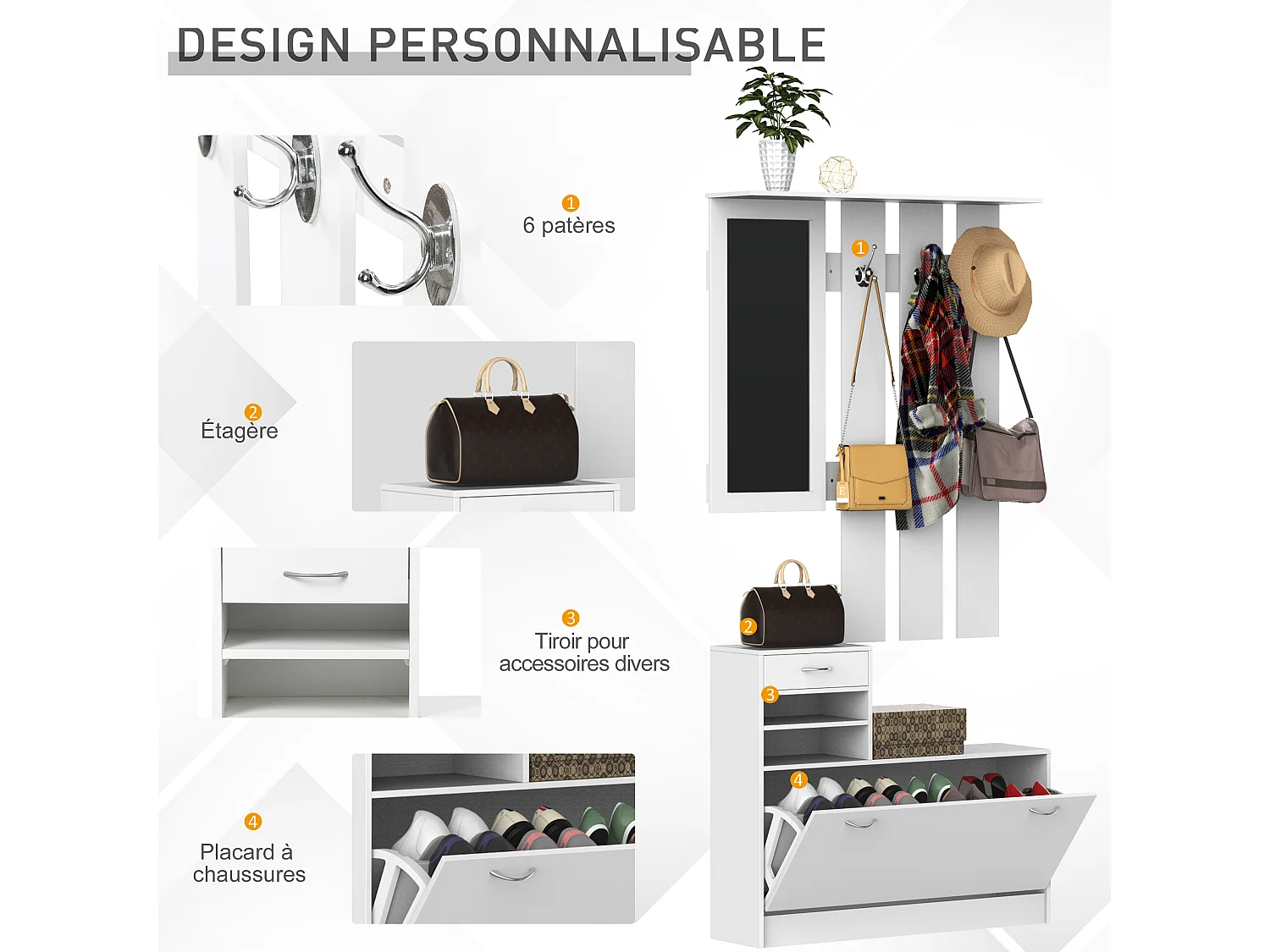 Ensemble de meubles d'entrée design contemporain : meuble chaussures, miroir et panneau porte-manteau panneaux de particules blanc