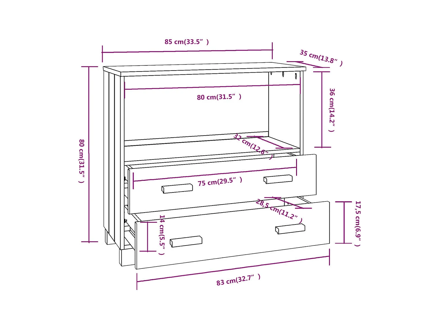 Credenza cassettiera cassettiera mobile contenitore organizer cucina soggiorno soggiorno 85 x 35 x 80 cm legno massello di pino marrone 02_0032180