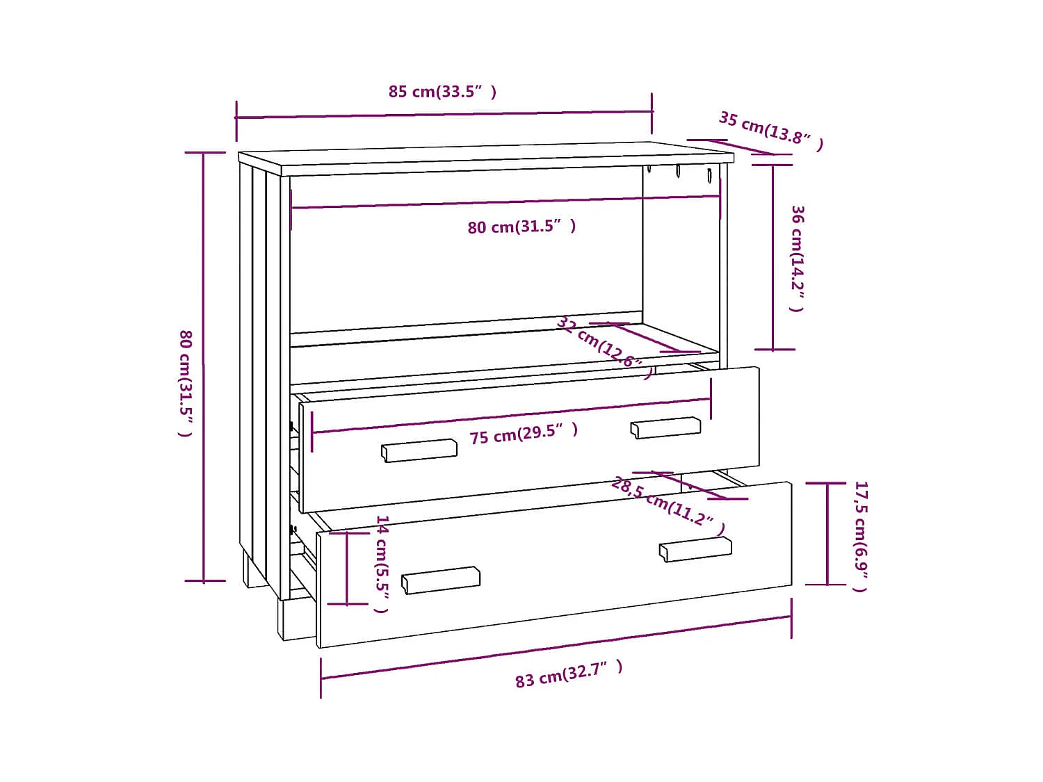 Aparador cómoda cómoda armario mueble organizador cocina salón salón 85 x 35 x 80 cm madera maciza de pino marrón 02_0032180