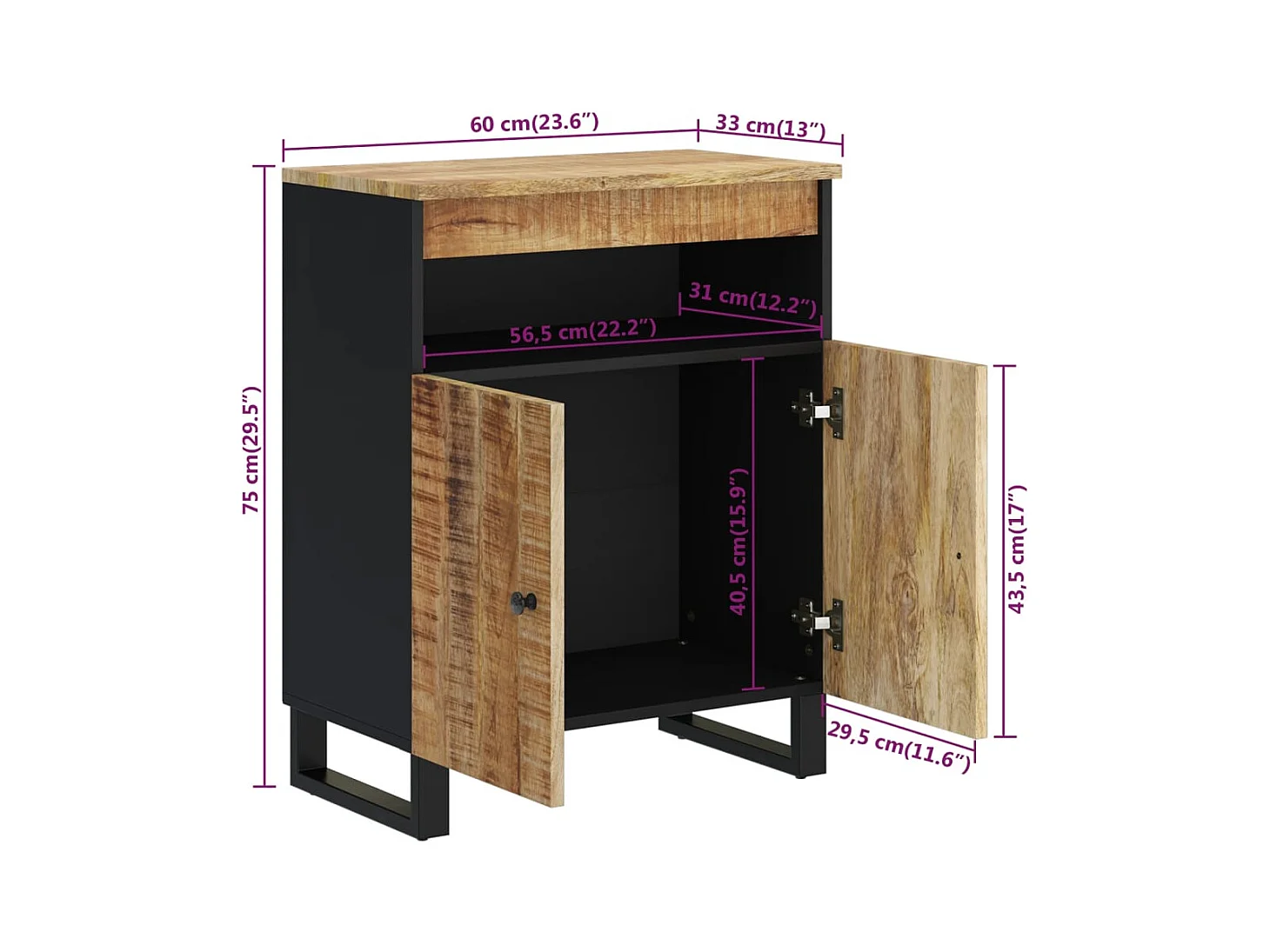 Aparador cómoda mueble almacenaje organizador cocina salón salón con 2 puertas 60 x 33 x 75 cm madera maciza de mango marrón 02_0029728