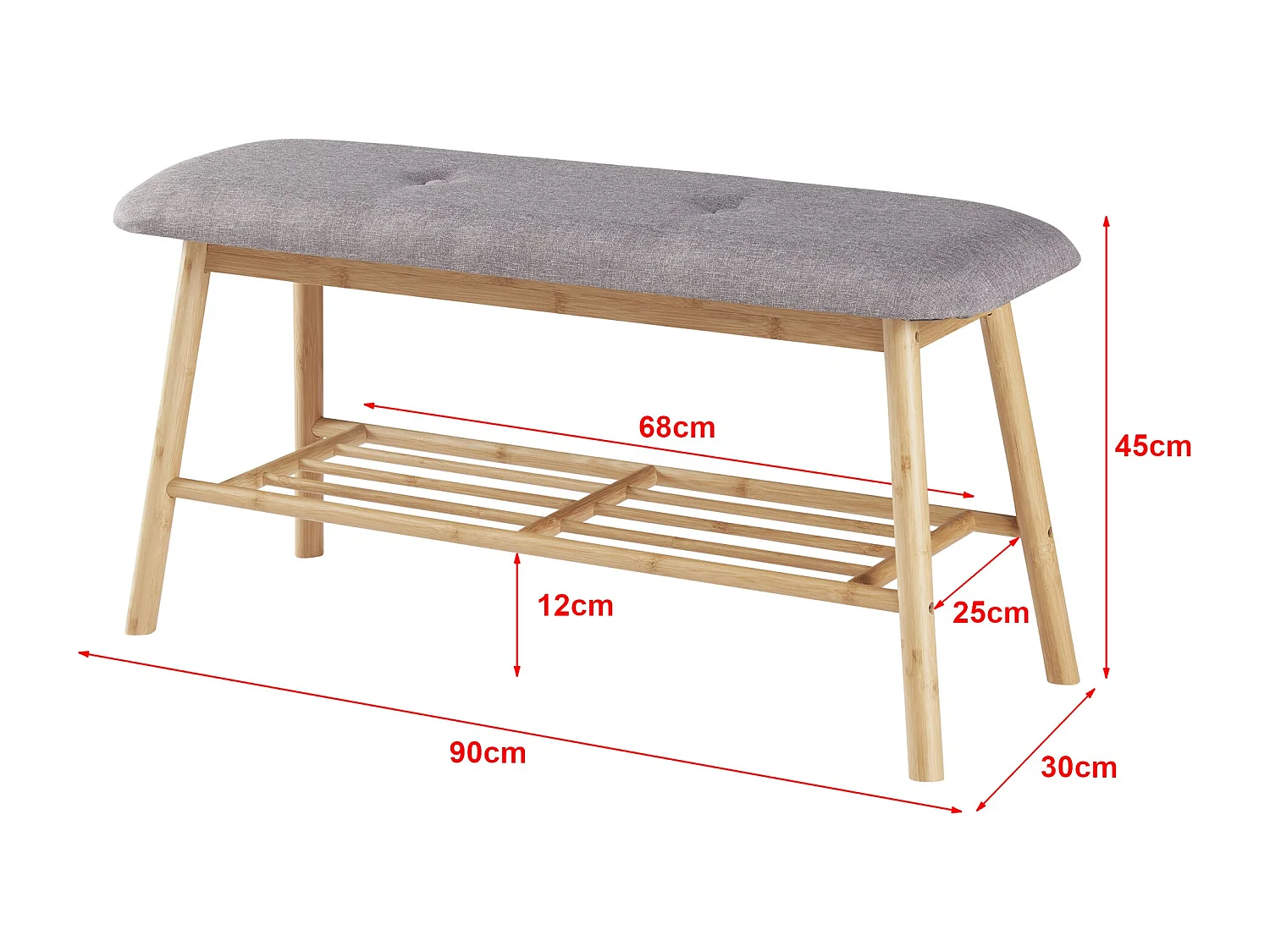 Panca per scarpe in bambù 45 x 90 x 30 cm grigio naturale 03_0007658