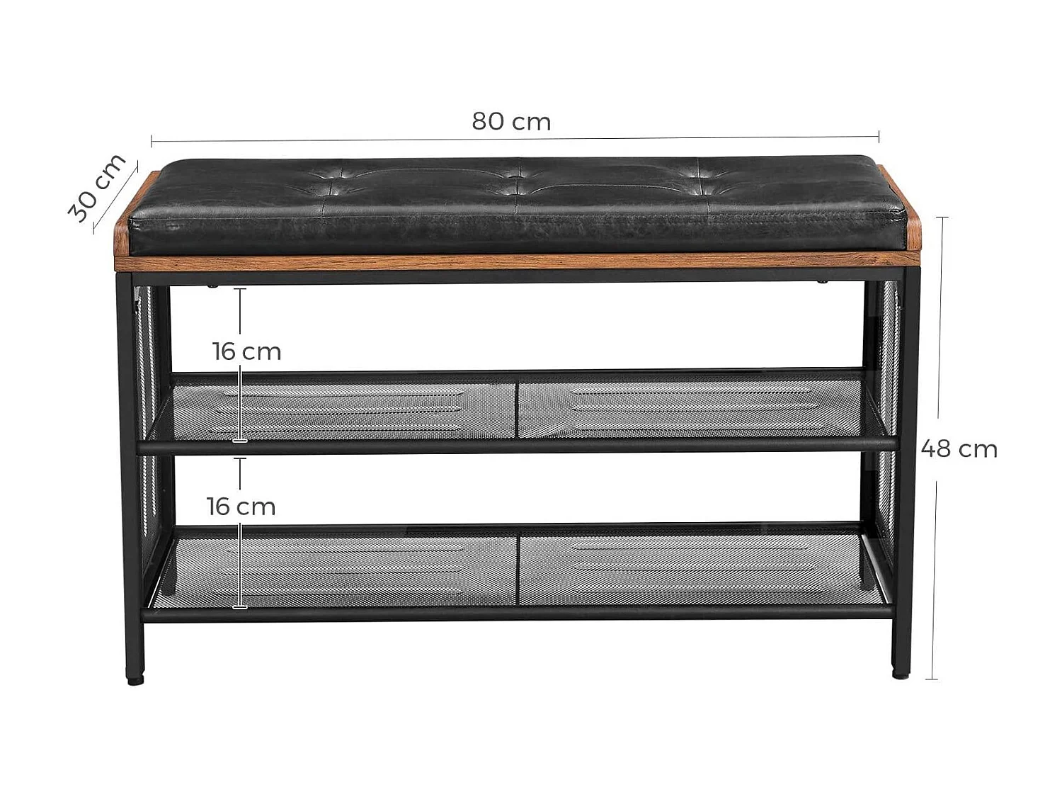 Panca per scarpe panca imbottita con ripiani in rete scarpiera corridoio ingresso salvaspazio sintetico industriale metallo 80 cm nero marrone rustico 12_0000209