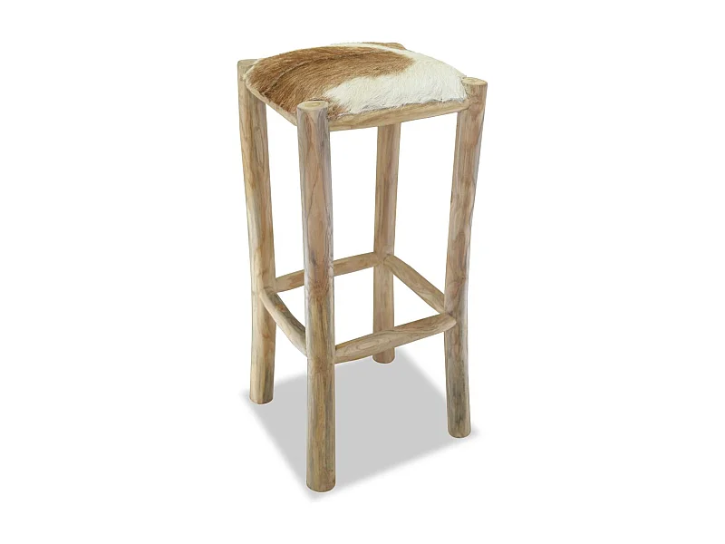 Taburete de bar de diseño asiento de silla cuero auténtico teca cuadrado marrón 1202093