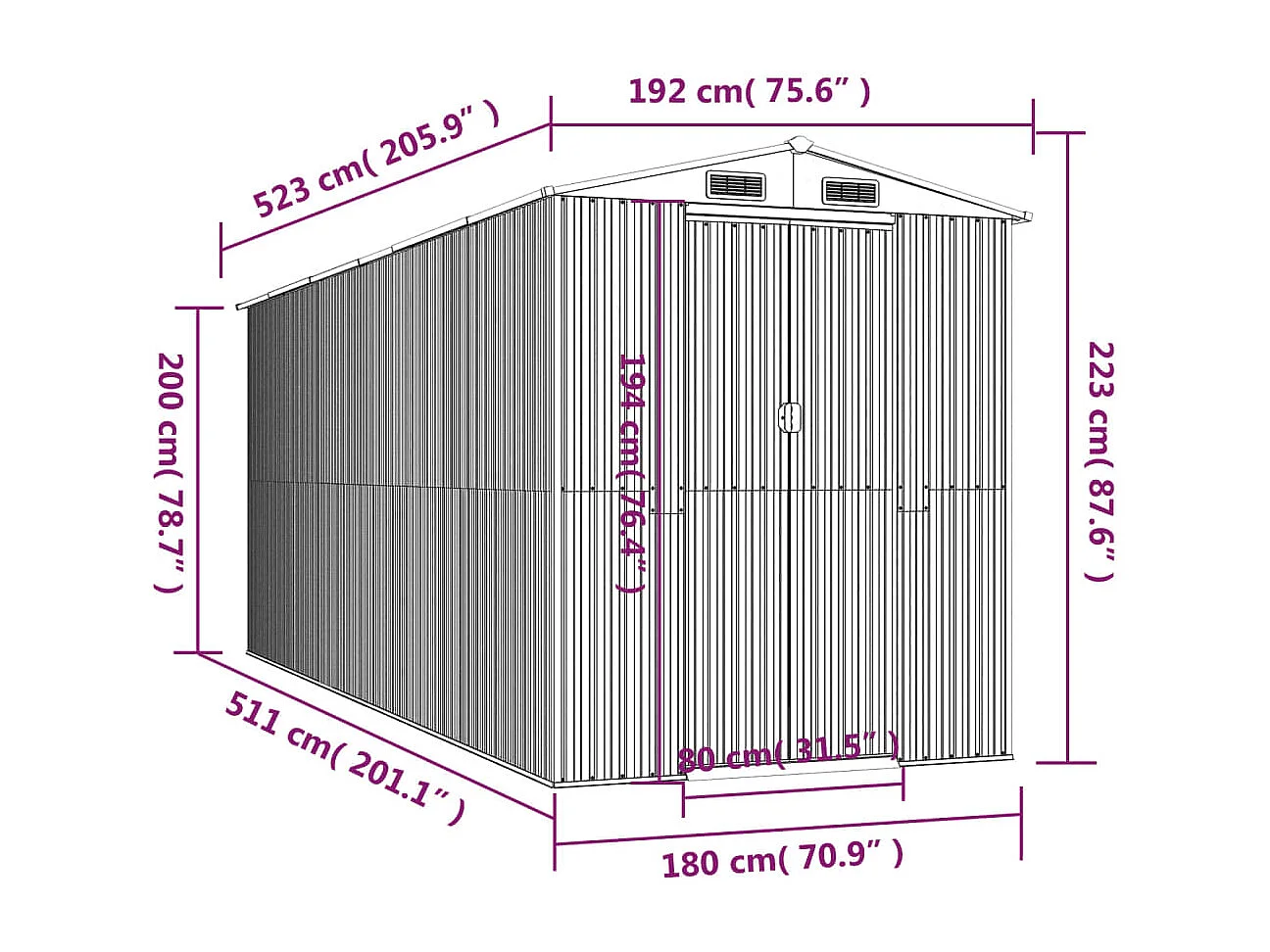 Galpão de jardim, cabana, casa de armazenamento, galpão ao ar livre, ferramentas, robusto, escuro, 192 x 523 x 223 cm, aço galvanizado marrom 02_0022321