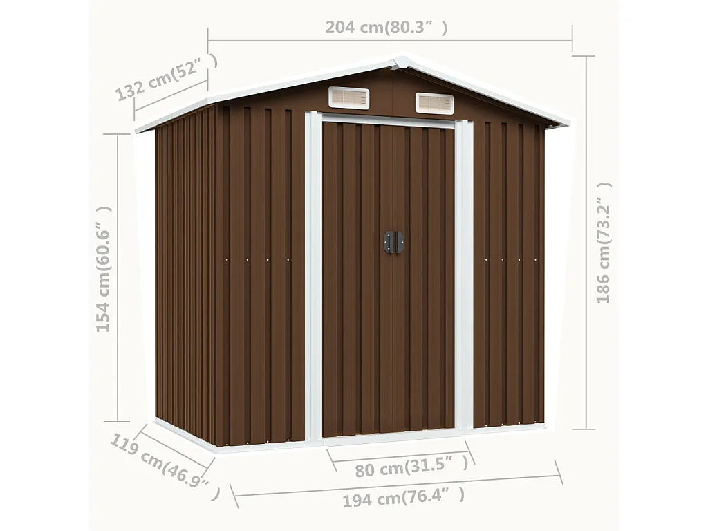 Abrigo de jardim, cabana, casa de armazenamento, galpão ao ar livre, ferramentas robustas 204 x 132 x 186 cm aço marrom 02_0022386