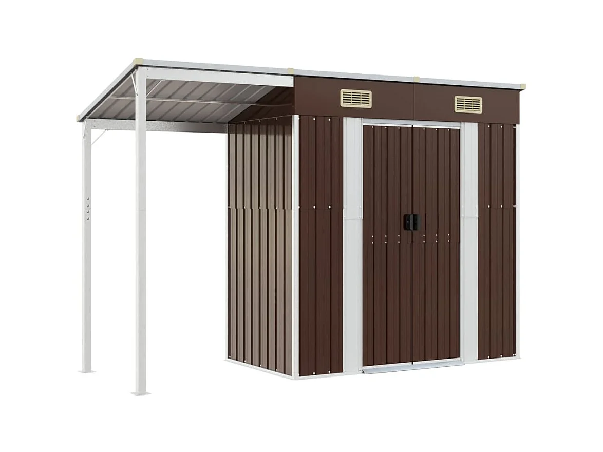 Galpão de jardim Cabana Galpão Casa de armazenamento Galpão ao ar livre Galpão ferramentas robustas com telhado estendido 277 x 110,5 x 181 cm Aço marrom 02_0022219