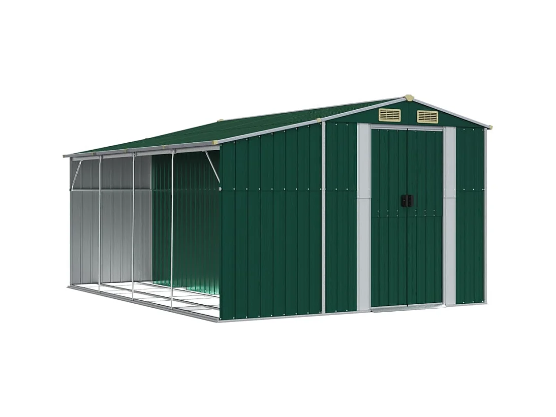 Abrigo de jardim, cabana, casa de armazenamento, galpão ao ar livre, ferramentas robustas 277 x 365,5 x 179 cm aço galvanizado verde 02_0022378