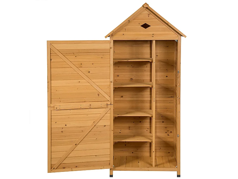 Abrigo de jardim exterior com 5 prateleiras, cabine em madeira de abeto com fechadura, telhado em chapa galvanizada 20_0005485