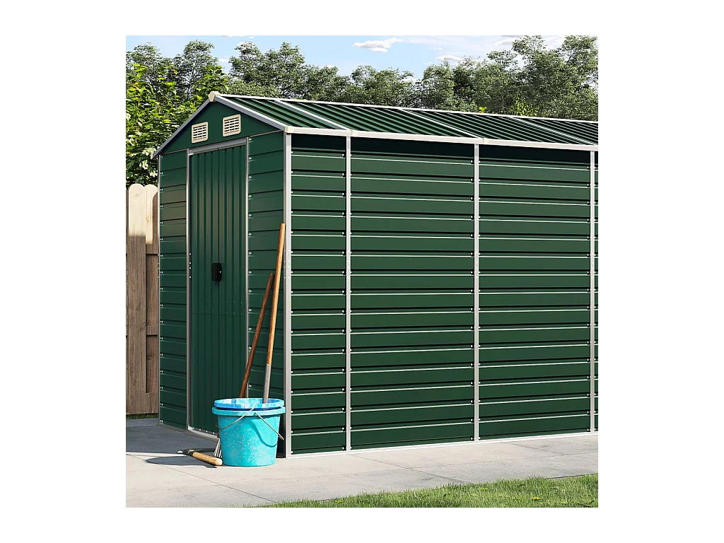 Abrigo de jardim, cabana, casa de armazenamento, abrigo ao ar livre, ferramentas robustas 191 x 725 x 198 cm aço galvanizado verde 02_0022354