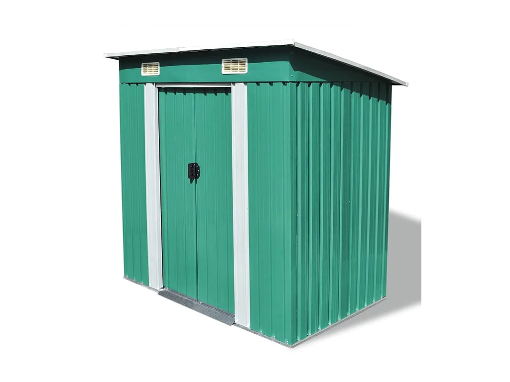 Galpão de jardim, cabana, casa, galpão de armazenamento, ferramentas ao ar livre, metal robusto, verde 02_0022342