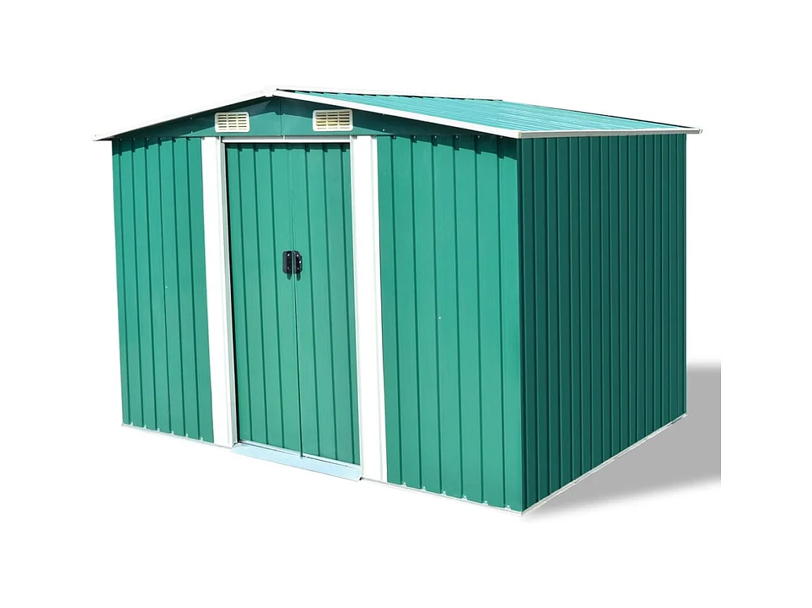 Galpão de jardim Cabine Galpão Casa Galpão de armazenamento Ferramentas de galpão ao ar livre Metal robusto 257 x 205 x 178 cm Verde 02_0022391