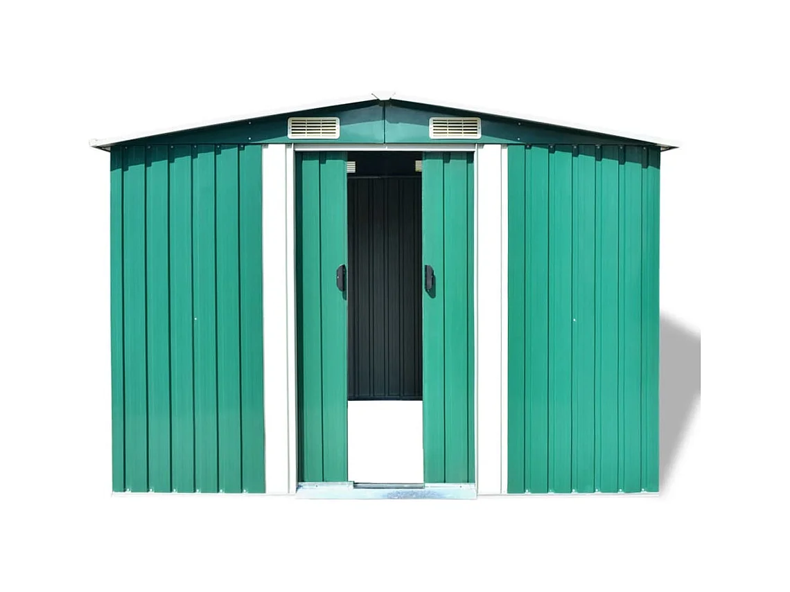 Galpão de jardim Cabine Galpão Casa Galpão de armazenamento Ferramentas de galpão ao ar livre Metal robusto 257 x 205 x 178 cm Verde 02_0022391