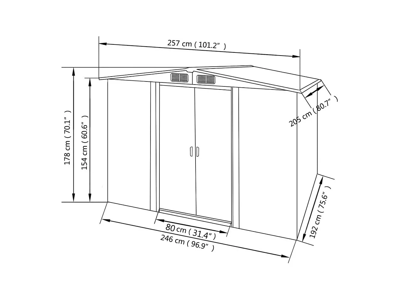 Galpão de jardim Cabine Galpão Casa Galpão de armazenamento Ferramentas de galpão ao ar livre Metal robusto 257 x 205 x 178 cm Verde 02_0022391