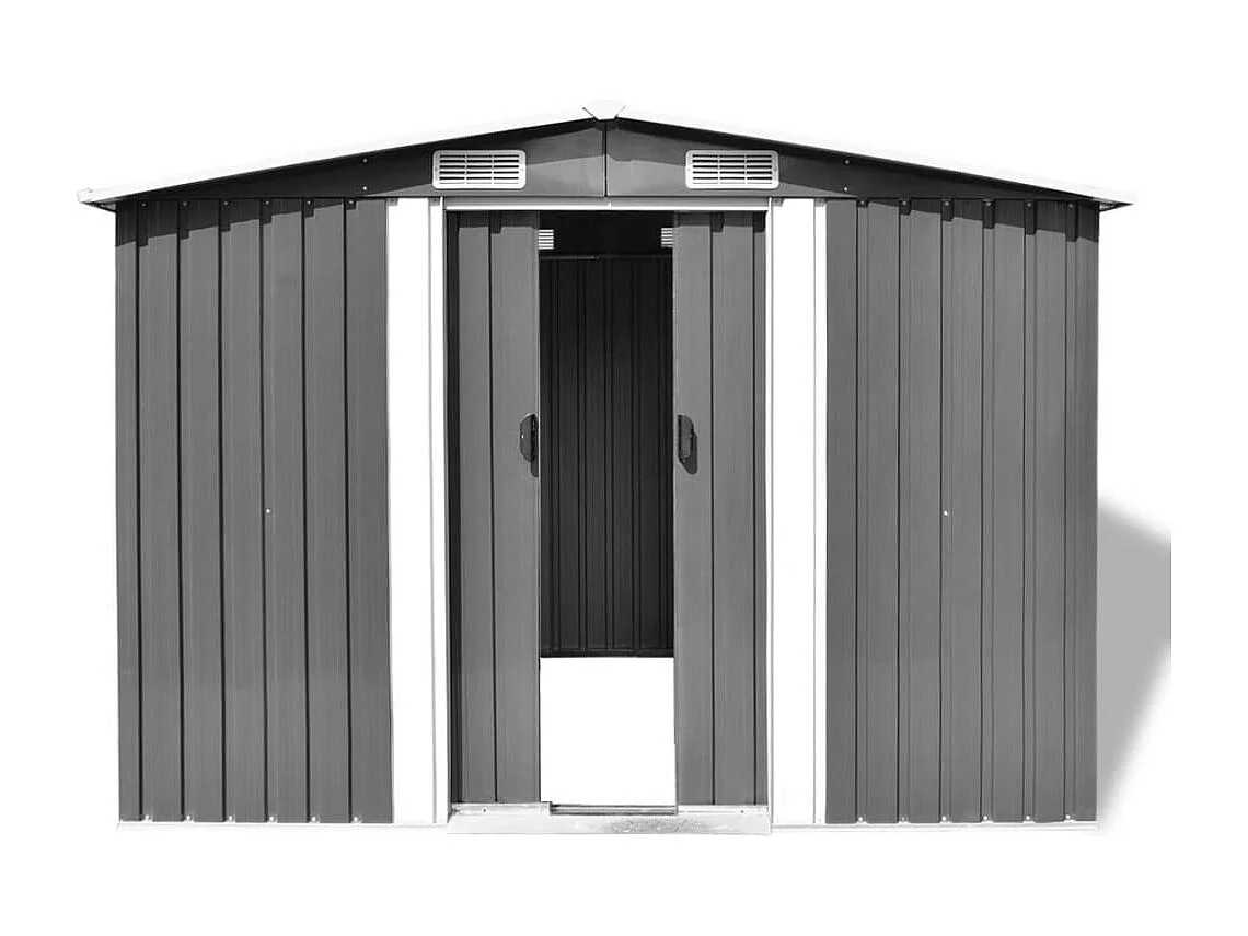 Galpão de jardim Cabine Galpão Casa Galpão de armazenamento Ferramentas de galpão ao ar livre Metal robusto 257 x 205 x 178 cm Cinza 02_0022389