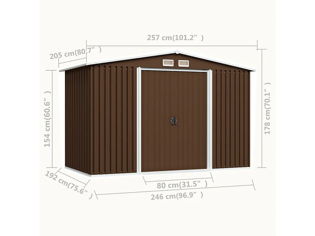 Abrigo de jardim, cabana, casa de armazenamento, galpão ao ar livre, ferramentas robustas 257 x 205 x 178 cm, aço marrom 02_0022387