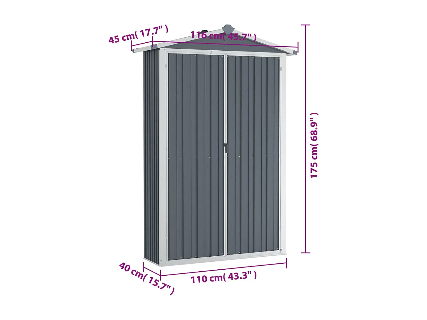 Abrigo de jardim, cabana, casa de armazenamento, galpão ao ar livre, ferramentas robustas 116 x 45 x 175 cm, aço galvanizado cinza 02_0022227