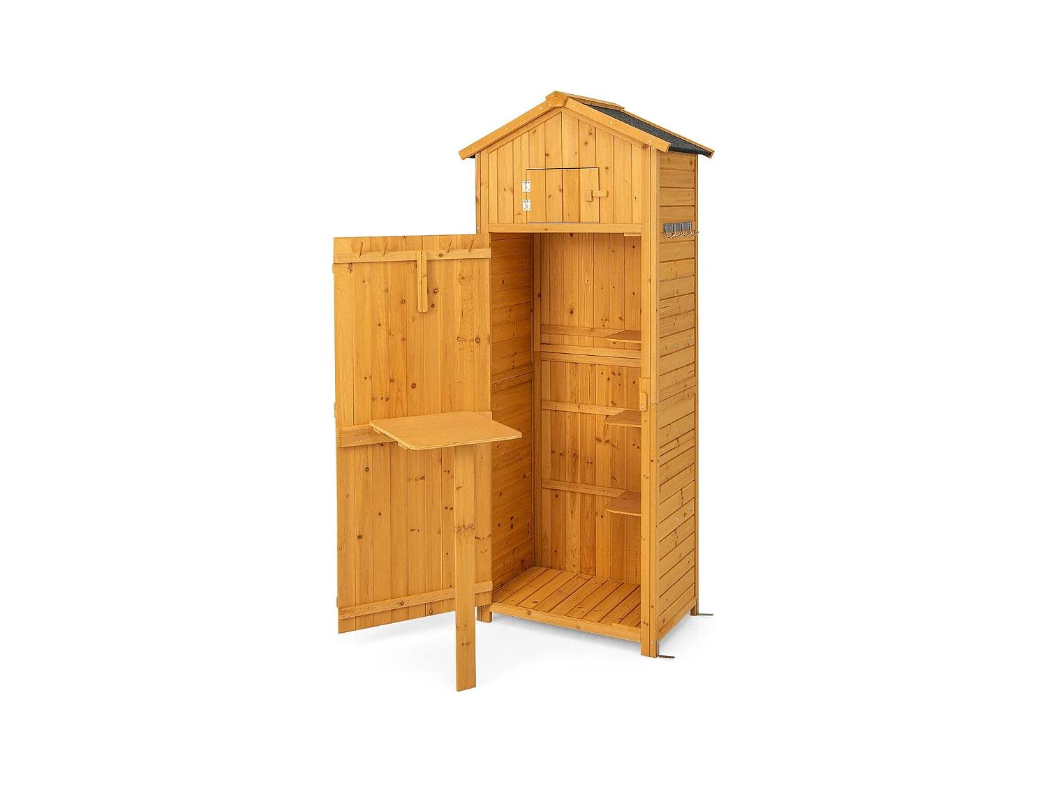 Armário de jardim de madeira à prova d'água com abrigo de jardim no telhado com prateleiras de mesa dobráveis ​​e 8 ganchos 75 x 50 x 180,5 cm 20_0007049