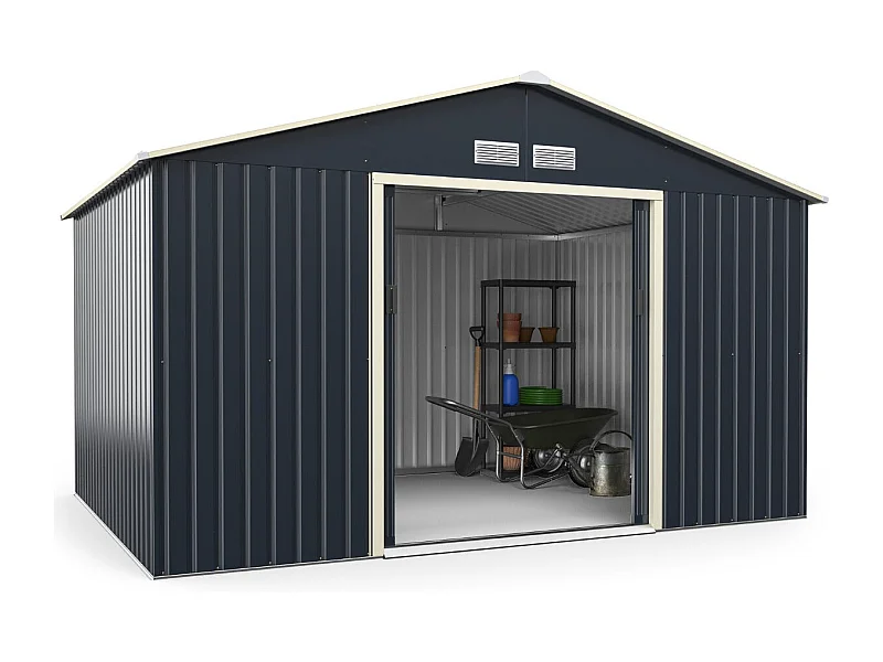 Cobertizo de jardín de metal 8,67㎡ 340 x 255 x 210 cm con 2 puertas correderas con cerradura 4 orificios de ventilación gris para bicicleta 20_0005483