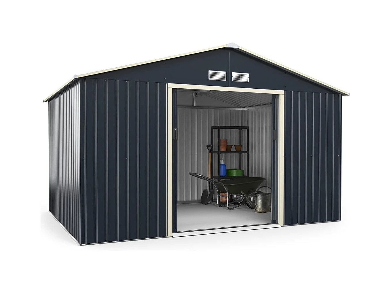 Cobertizo de jardín de metal 8,67㎡ 340 x 255 x 210 cm con 2 puertas correderas con cerradura 4 orificios de ventilación gris para bicicleta 20_0005483