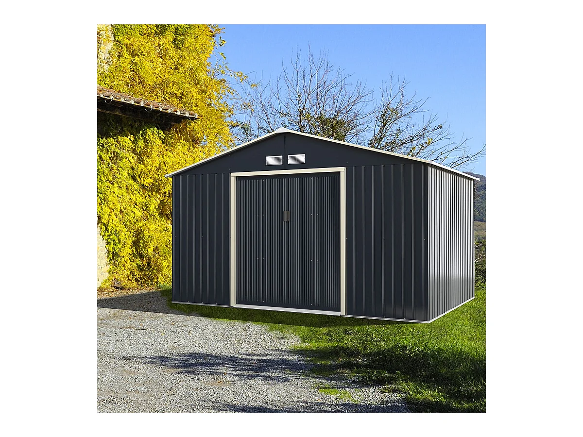 Cobertizo de jardín de metal 8,67㎡ 340 x 255 x 210 cm con 2 puertas correderas con cerradura 4 orificios de ventilación gris para bicicleta 20_0005483