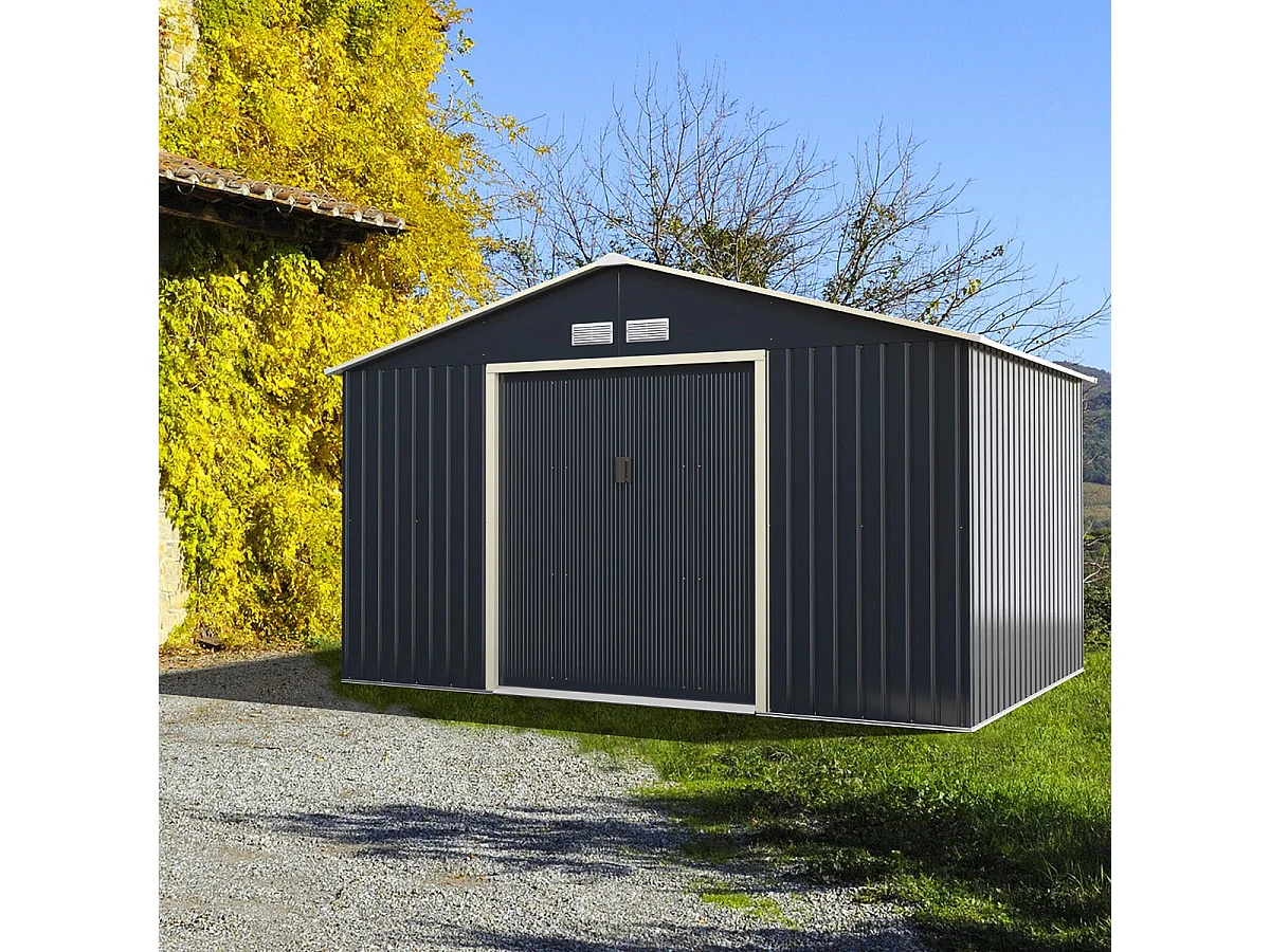 Cobertizo de jardín de metal 8,67㎡ 340 x 255 x 210 cm con 2 puertas correderas con cerradura 4 orificios de ventilación gris para bicicleta 20_0005483